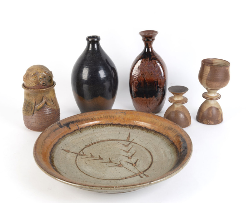 Six pieces of Australian studio pottery including Cora Voller and Joseph Szirer, mid to late 20th century