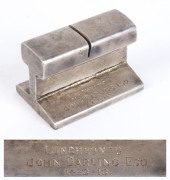 An Australian silver B.H.P. presentation name card holder in the form of a section of railway track engraved "B.H.P. Co. LUNCHEON TO JOHN DARLING 14/3/13" by William Drummond & Co. Melbourne - 2