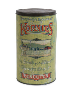 Kornies Biscuits advertising tin with lithographed harvest scene, circa 1915