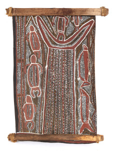 An Aboriginal bark painting, wood and natural earth pigments, Northern Territory 