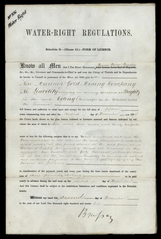 VICTORIA - District of Ballarat: December 1895 Water-Right Regulations Licence