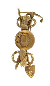 A goldfields brooch, pick and shovel with gold pan adorned with cottage, 19th century