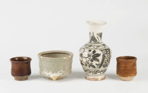 A celadon glazed circular censer 9cm high, a floral decorated cream glazed vase 22cm high and two brown glazed cups 8.25cm high