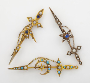 Three Victorian sword shaped 9ct gold bar brooches set with turquoise, seed pearls and sapphires, 19th century, one marked for Willis of Melbourne, 9ct gold
