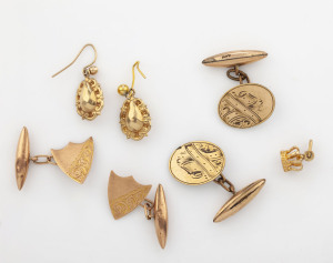 Pair of 9ct gold cufflinks, pair of gold earrings, gold charm and pair of gold plated oval cufflinks, 19th century