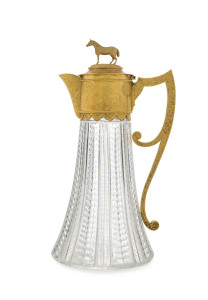 Edward Fisher: 1881 STEEPLECHASE TROPHY 22ct gold mounted Claret Jug, unmarked , the collar engraved with hounds and arabesques between two beaded bands, cartouche engraved "The Melbourne Hunt Club Steeple Chase, October 1st 1881 - Won by Young Deceiver, 