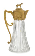 Edward Fisher: 1881 STEEPLECHASE TROPHY 22ct gold mounted Claret Jug, unmarked , the collar engraved with hounds and arabesques between two beaded bands, cartouche engraved "The Melbourne Hunt Club Steeple Chase, October 1st 1881 - Won by Young Deceiver, - 2