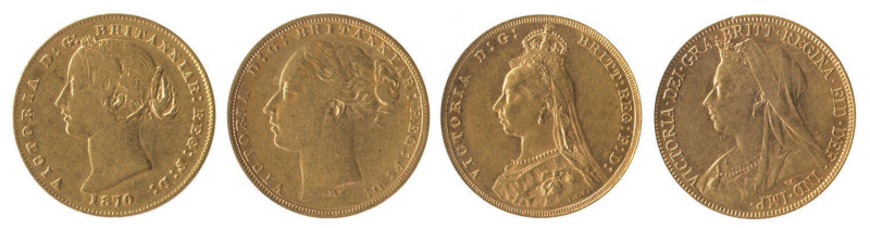 GOLD SOVEREIGNS: 1870 Sydney Mint, 1879 Melbourne (St.George), 1889 London (Jubilee Head) & 1901 Perth (Veiled Head). A nice group, all with different portraits of Victoria. (4).