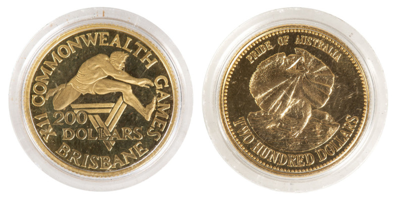 GOLD COINS OF AUSTRALIA: 1982 Brisbane Commonwealth Games & 1989 $200 Frilled neck lizard; both in plastic cases, as issued and uncirculated. (2).