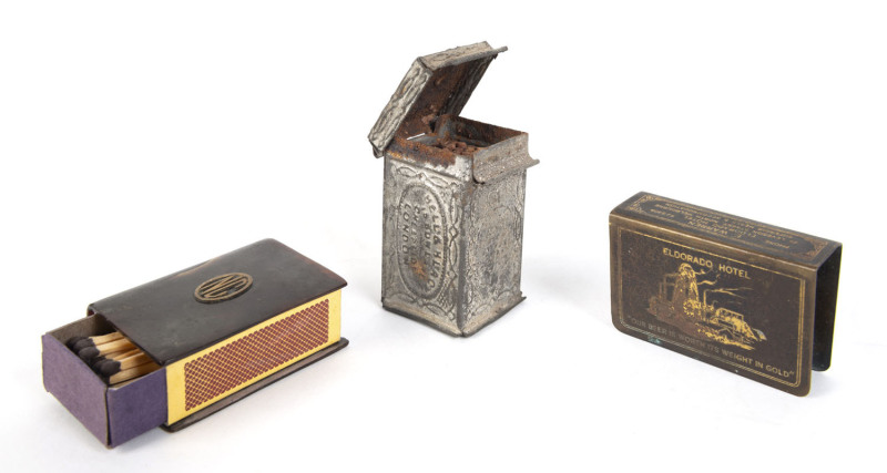 Bell & Black tin match vesta with matches circa 1851; together with two other matchbox holders