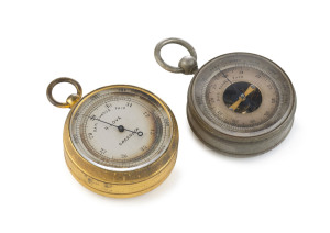 Two antique pocket barometers, nickel plate and gold plate, 19th century, (rare)