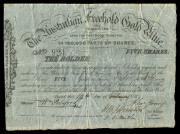 EARLY BALLARAT GOLD MINE: Australian Freehold Gold Mine, certificate for 5 shares, £1 paid, 1852, no.924, scrollwork left, black with heavy blue underprint, fine and scarce. 