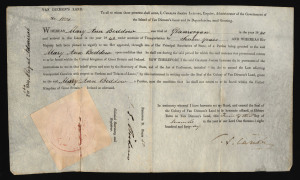 A CONDITIONAL PARDON FOR MARY ANN BEDDOWDecember 1846 Van Diemen's Land Conditional Pardon on vellum, signed by Charles LATROBE and with the seal of the Colony largely intact at left. Extremely rare.Beddow had been sentenced to seven years transportation 