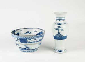A large Chinese blue and white bowl painted with chicken and figures 14cm high and a large baluster vase painted with figures on a terrace 19cm high