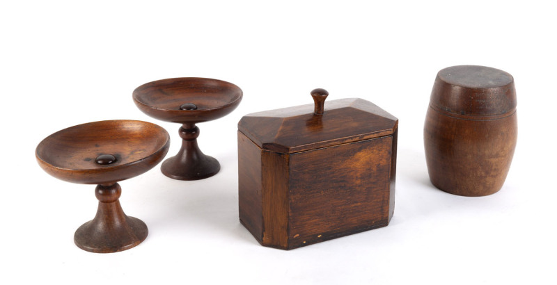 A tea caddy, pair of comports, and a barrel shaped box, blackwood, Tasmanian origin, 19th century