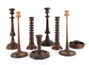 Assorted turned and carved candle sticks, mostly blackwood, Tasmanian origin, 19th and 20th century