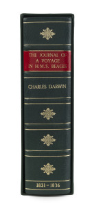 DARWIN, CharlesThe Journal Of A Voyage In H.M.S. Beagle[Genesis Publications, 1979]843 pp. Half calf,  marbled endpapers. Slipcase. Limited Edition: #487 of 500 copies. SIGNED by Darwin's great-grandson George Darwin. Facsimile reprint of the original man