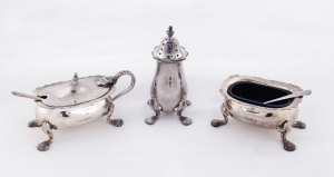 An Australian sterling silver condiment set comprising salt cellar, pepper pot, mustard pot and 2 spoons