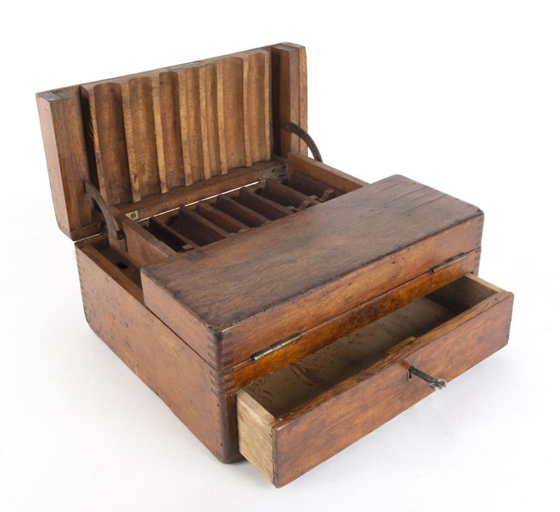 A traveling cash drawer, interior fitted and labelled for pre-decimal currency, circa 1900