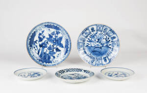 A Chinese blue and white Kraak style dish and four other blue and white dishes