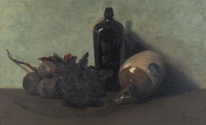 MARGARET ROWE (Australian) (still life with bottles) oil on canvas signed lower right "M.H. ROWE 1923" pencil inscription verso "1st Prize Nation Gallery"