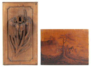 A floral carved timber panel; together with a pokerwork panel, 19th century