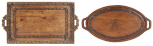 Two serving trays, carved blackwood one with pokerwork kookaburra design, early 20th century