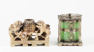 A Chinese soapstone carving and a glass and gilt metal wine pot and holder