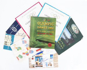 A collection of mostly Olympic memorabilia including 1956 Melbourne Opening and Closing Ceremony Recordings, various stamps and First Day Covers from Sydney 2000, a Carl Lewis signed card, 1996 Atlanta tickets and shirt, Athens 2004 Torch Relay jacket, va