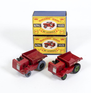 MATCHBOX: pair of 1960s Lesney Era C type ‘King Size’ Muir Hill Dumper (K2) – one red with green hubs and black tires and the other with black hubs and grey tires. Both mint to near mint in original cardboard C type boxes (2 items)