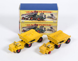 MATCHBOX: pair of 1960s Lesney Era E type ‘King Size’ KW-Dart Dump Truck (K2) – both yellow with red plastic hubs and black tyres. Both mint in original cardboard E type boxes (2 items)