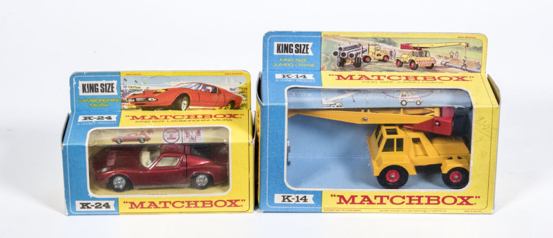 MATCHBOX: pair of 1960s Lesney Era F type ‘King Size’ consisting of Jumbo Crane (K14) – yellow with red plastic hubs and black tyres; and, Lamborghini Miura (K24). Both mint in original cardboard F type boxes (2 items).