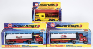 MATCHBOX: group of 1970s Lesney Era G type ‘Super Kings’ consisting of Racing Car Transporter (K7) – yellow; and, a pair of Ford LTS Articulated Tankers (K16) – Texaco. All mint in original cardboard G type windowed boxes (3 items)