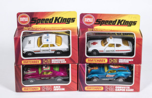 MATCHBOX: group of 1970s Lesney Era H type ‘Speed Kings’ including Mercedes Police Car (K61) – white; and, AMX Javelin (K54) – purple; and, Corvette Caper Cart (K55) – blue. All mint in original cardboard H type windowed boxes (4 items)