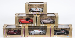 BRUMM: 1:43 group of model cars including Auto Union Rekordwagen (108) – Silver; and, Jaguar 3,5 Litre (106) – Metallic Pink; And, Auto Union Tipo D (109) – Silver. All mint in original perspex display box. (32 items)
