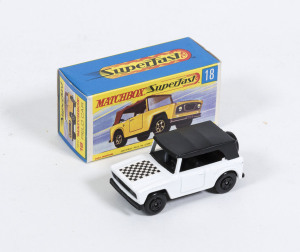 MATCHBOX: Rare issue 1970s Lesney era 1-75 ‘Superfast’ Field Car (18a) – white body with chequered hood, smooth black roof, black interior and black 4 spoke wheels. Mint in appropriate G type cardboard box. 