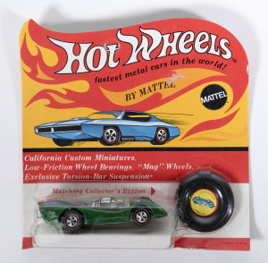 HOTWHEELS: 1971 Redline Jet Threat (6179) – Spectral Flame Green. Mint and unopened in original unpunched flame blister pack.