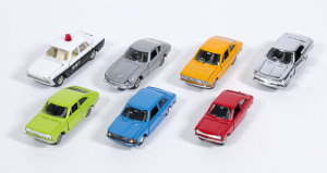 YONEZAWA TOYS: group of Japanese model cars including Toyota Crown Ambulance (205); and, Mazda Cosmo Sport (166); and, Nissan R382 (210). All mint to near mint and unboxed. (24 items)