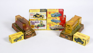DINKY: group of model cars including Holden Special Sedan (196) – aqua; and, 1948 Commer 8cwt Van (1) – blue; and, Austin Champ (674) – Army green. All mint to near mint in original cardboard packaging. (16 items)