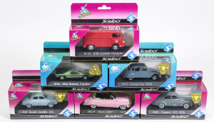 SOLIDO: 1:43 group of model cars including AC Cobra 427 (4533) – red; and, Citroen 15CV Pinder (4554); and, Dodge Depanneuse (4556). All mint in original perspex display case. (28 items)