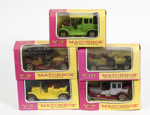 MATCHBOX: Group of 1960s to 1970s F Type ‘Models of Yesteryear’ including 1907 Peugeot (Y51); and, 1910 Benz Limousine (Y3); and, 1906 Rolls Royce Silver Shadow Ghost (Y10). All mint to near mint in original cardboard F type windowed boxes. Very slight da
