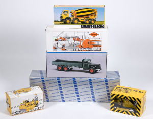 Miscellaneous group of German model vehicles including CONRAD: Cement Pourer (3281); and, NZG: Mercedes Omnibus 0 3500; and, CONRAD: Crane. All mint in original cardboard packaging. (40 items)