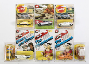 CORGI JUNIORS: group of late 1970s to early 1980s model car blister packs including Yogi Bear (E82); and, Jeep (12); and, Ford Sierra 2 3 GHIA (208). All mint in original cardboard packaging. (135 item approx.)