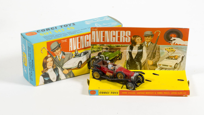 CORGI: 1960s The Avengers Gift Set (40) – containing John Steed vintage Bentley in red and 1 original umbrella. This set is missing the Emma Peel Lotus Elan S2 / Emma Peel Figure and 2 umbrellas. Box is in excellent mint condition with a mint inner pictor