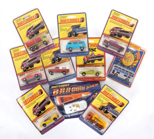 MATCHBOX: group of various 1970’s blister packs including Pipe Truck (10); and, Lamborghini Miura (33); Brroom Sticks Porsche-910. All mint and unopened on original cardboard cards. (30 items approx.)