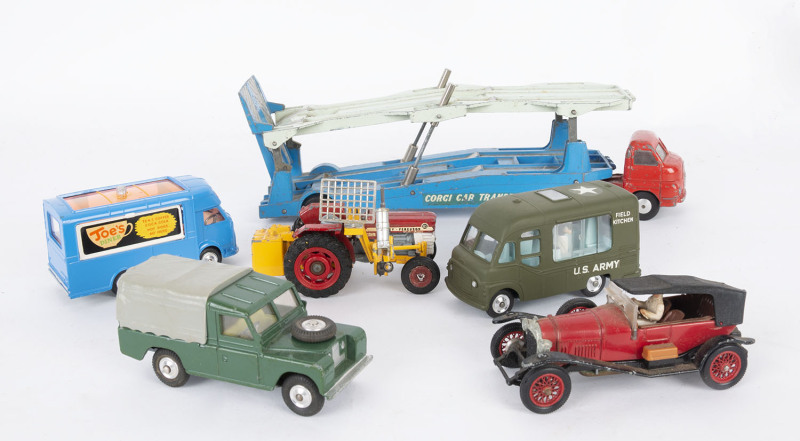 CORGI: group of vintage unboxed model vehicles including ‘Classics’ 1915 Ford Model T ‘Tin Lizzie’ (901); and, Land Rover 109 W.B. (438); and, Bedford Carrimore Machinery Low Loader (1104); and, ERF Neville Cement Tipper ‘Tunnel Cement’ (460). Mixed condi