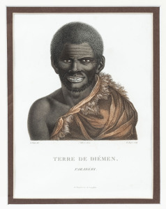 NICHOLAS MARTIN PETIT (French, 1777-1804) Terre De Diemen Tasmanian Aboriginal from Francois Peron's Voyage De D'Ecouvertes Aux Terres Australe hand coloured engraving, circa 1807