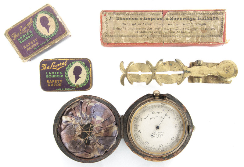 An antique pocket barometer in case, pocket sovereign scales and "The Laurel, Ladies Boudoir Safety Razor", 19th century