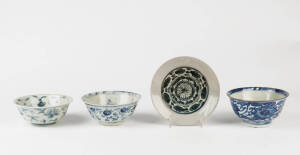 Three Provincial Ming blue and white bowls and a saucer dish