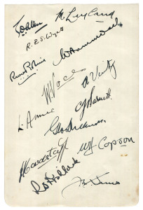 1936/37 ENGLAND IN AUSTRALIA: An autograph page signed by Ames, Allen, Barnett, Hammond, Leyland, Verity, Voce and 7 others.
